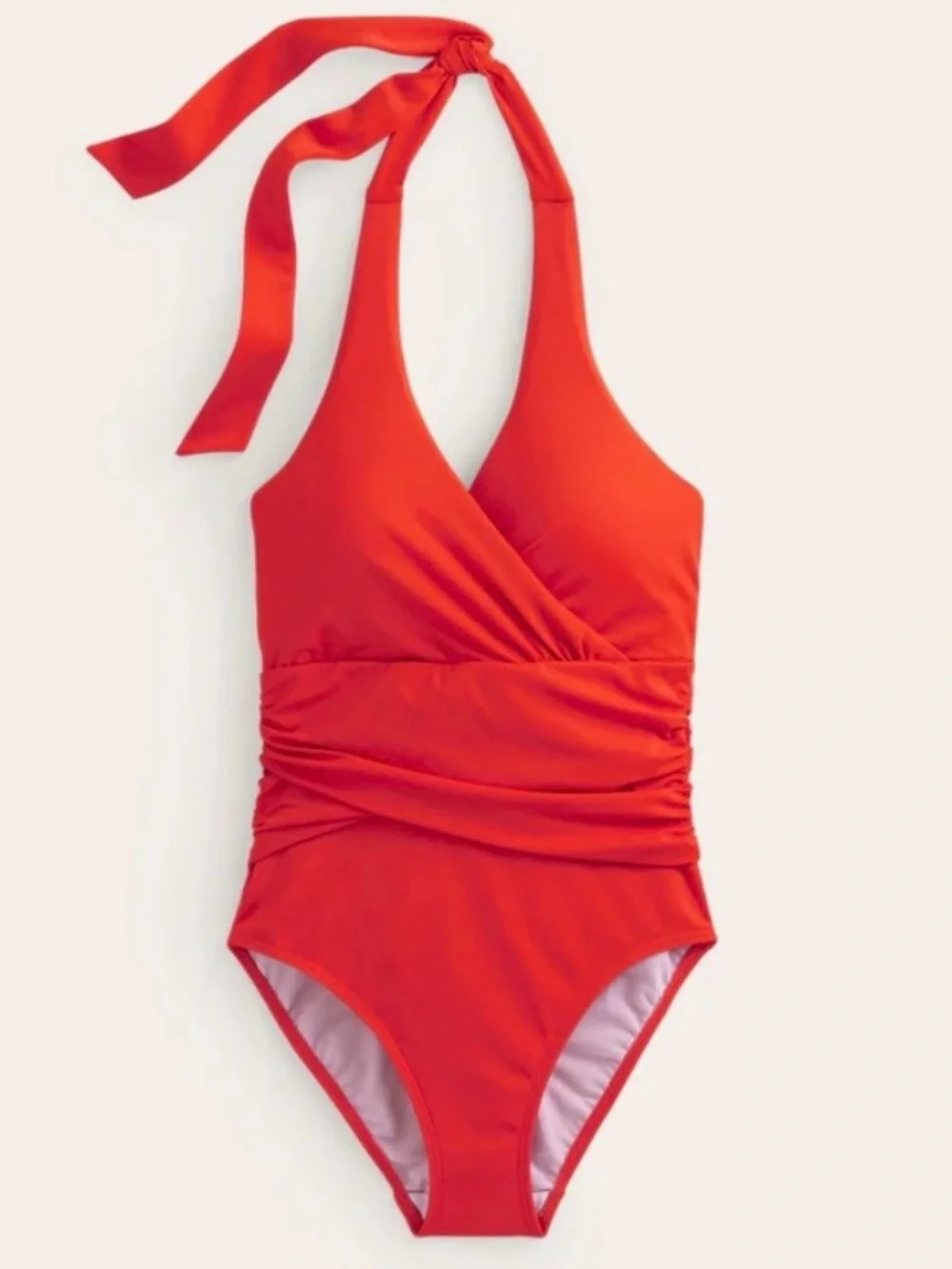 Boden Levanzo Ruched Halter Tie One Piece Swimsuit Fiesta Coral Size 6 Long NWT